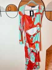 PLT Turquoise Blue/Orange One Shoulder Tight Split Sexy Maxi Dress Size 14 BNWT
