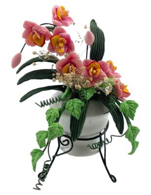 Dollhouse Pink Flowers in Large Ceramic Garden Urn & Black Tripod Stand