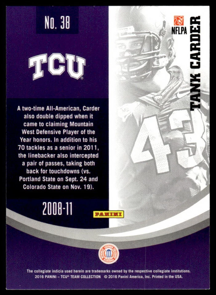 2016 Panini Team Collection Tank Carder #38 TCU Horned Frogs - Image 2 of 2