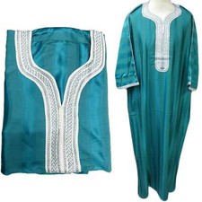 Men's Moroccan 3 Quarter Sleeves Thobe Turquoise/White