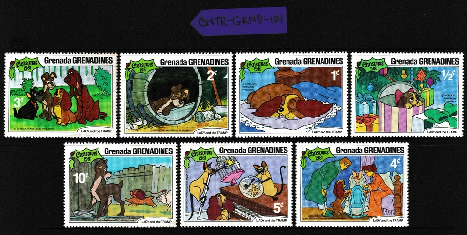 "Набор из 7 рождественских марок Disney 1981 ""леди и Бродяга"" ГРЕНАДА 0,5c-10c как новые без наклеек и следов" - Изображение 3 из 3