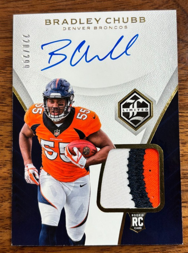 BRADLEY CHUBB 2018 PANINI LIMITED 2-COLOR PATCH ON-CARD AUTO RC /299 2606106