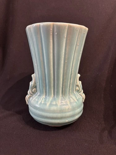McCoy Pottery ceramic vase with ribbed design and scroll handles-7 1/4" tall