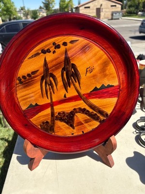 Vtg FIGI Carved Wood SCENIC PLATE BROWN TRINKET DISH