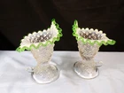 New Listing2 Fenton Opalescent Glass Emerald Crest Diamond Lace Cornucopia Candle Holders