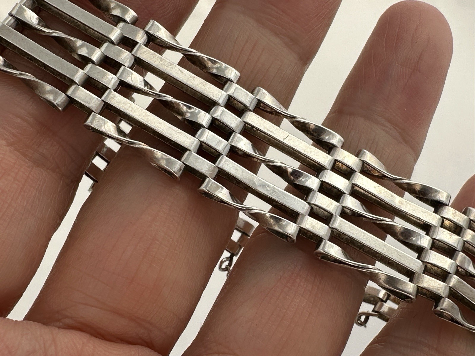 Vintage Solid Sterling Silver Bar gate Bracelet c… - image 1