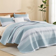 Litanika Queen Spa Blue Stripe Patchwork Quilt Bedspread Coverlet 3-Piece Set