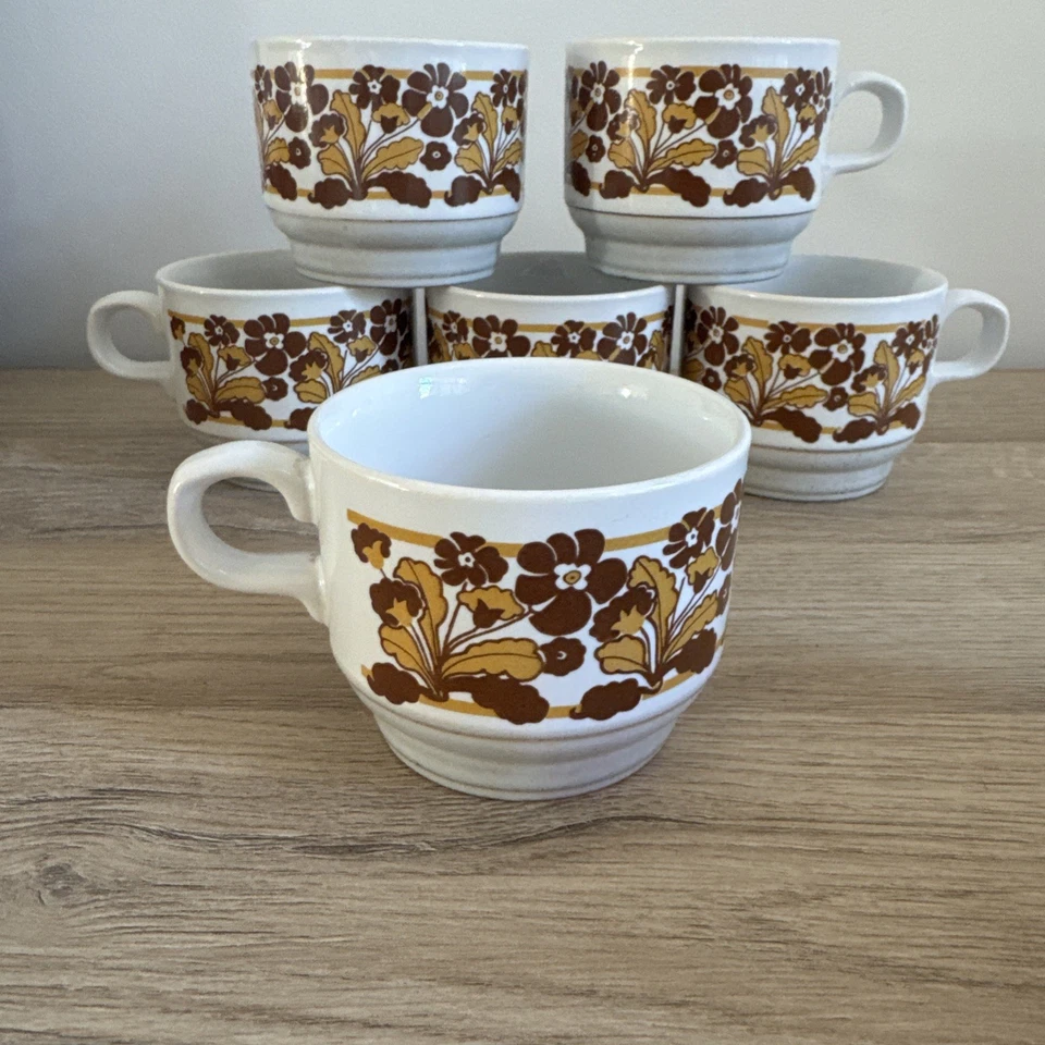 Lot 6 Tasses à café vintage - Kiln Craft - Décor Floral Marron Années 70-80 - Photo 4/4