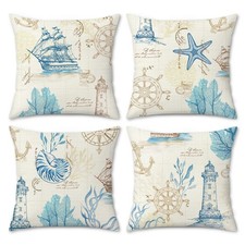 Vintage Nautical Throw Pillow Covers, Sailboat Lighthouse Coastal Beach Polye...