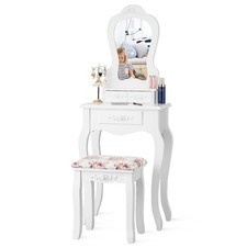 White Vanity Jewelry Makeup Dressing Table Set W/Stool Drawer Mirror Wood