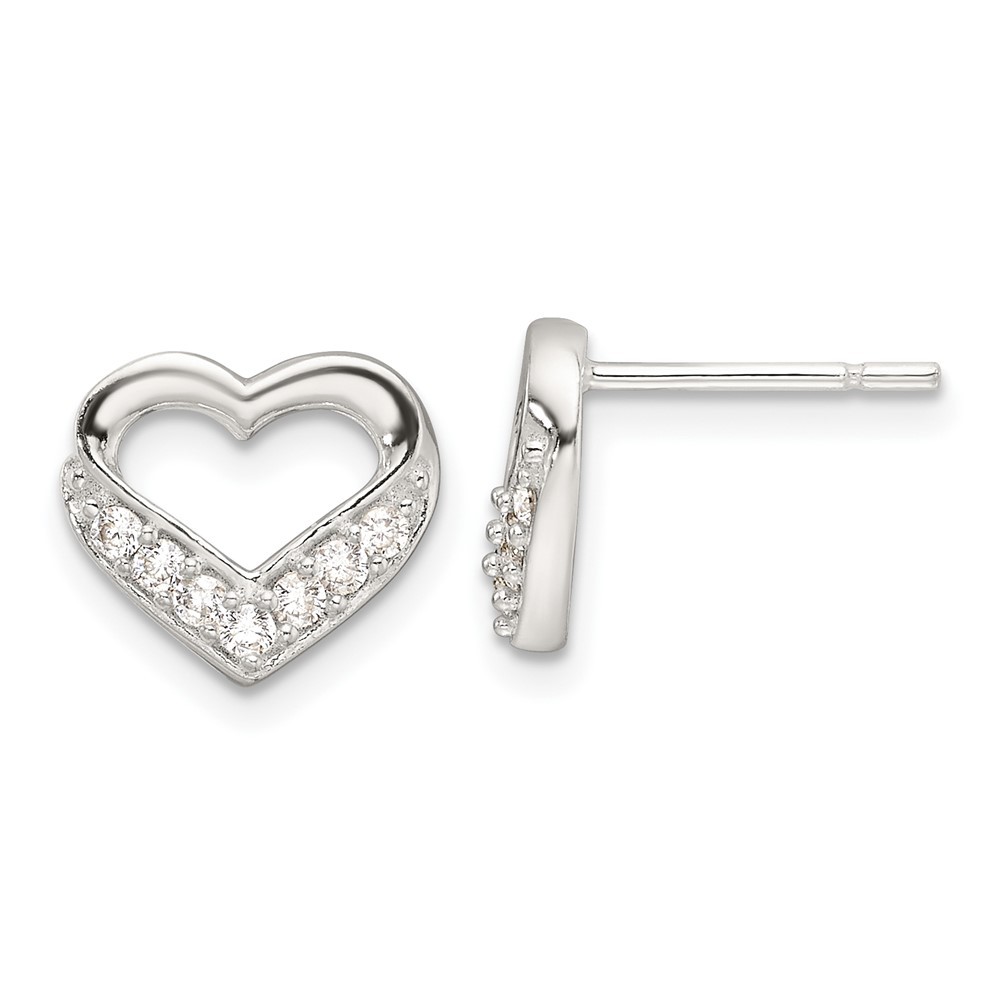 Sterling Silver Polished Cubic Zirconia Heart Post Stud Earrings L-9.7 mm