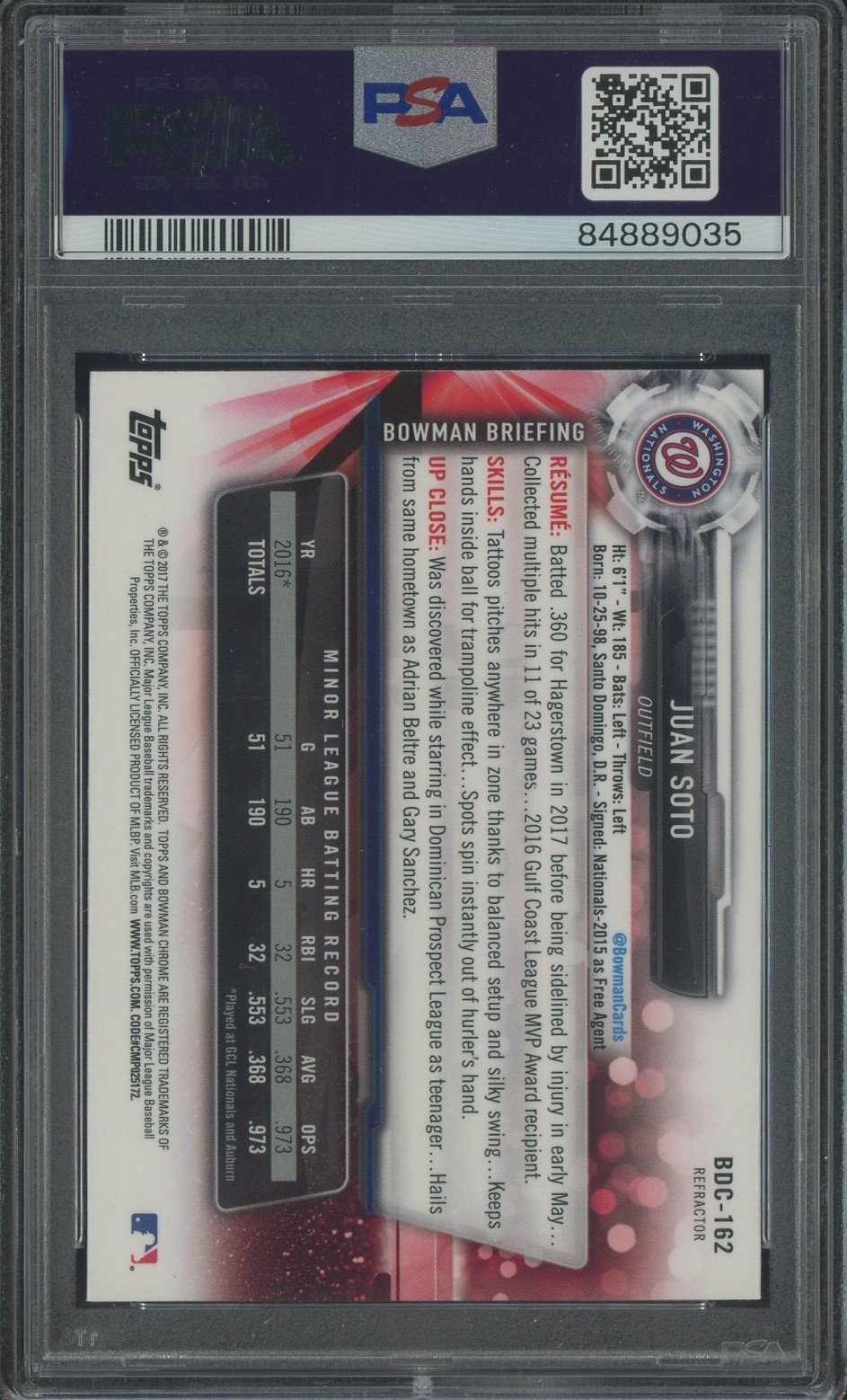 #1 2017 Bowman Chrome Refractor Juan Soto Nationals RC Rookie PSA 9 MINT view 2