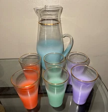 Vintage BLENDO "Atomic" Pitcher And Set Of 6 Glasses Frosted Pastel Colors