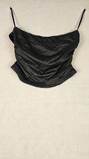 Woman  s Med black faux leather ruched off-the-shoulder top asymmetrical hem