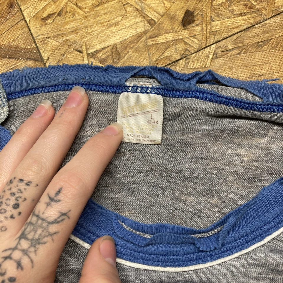 Camiseta anos 80 Russell Athletic Heathered Blue McEver GTKY Ringer L c3 - Imagem 2 de 4