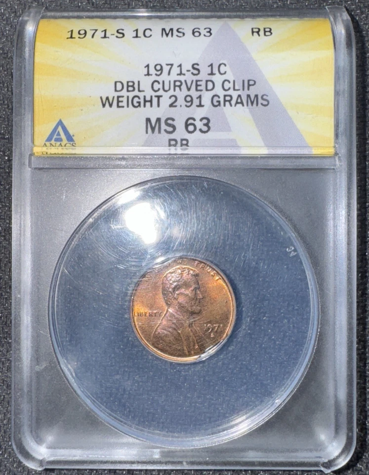 1971 S Lincoln Memorial Cent DBL Curved Clip MS 63 weight 2.91 Grams RB Rare! - Image 2 of 4