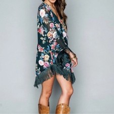 Show Me Your Mumu Floral Fringe Mini Dress XS Boho Festival Western