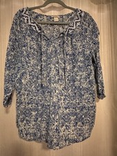 Lucky Brand Womens Blue Floral Long Sleeve Pheasant Blouse Size 1X Tassel Damage