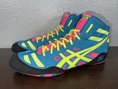 Rare Asics JB Elite J3A1Y Adult Wrestling Shoes teal-yellow-pink