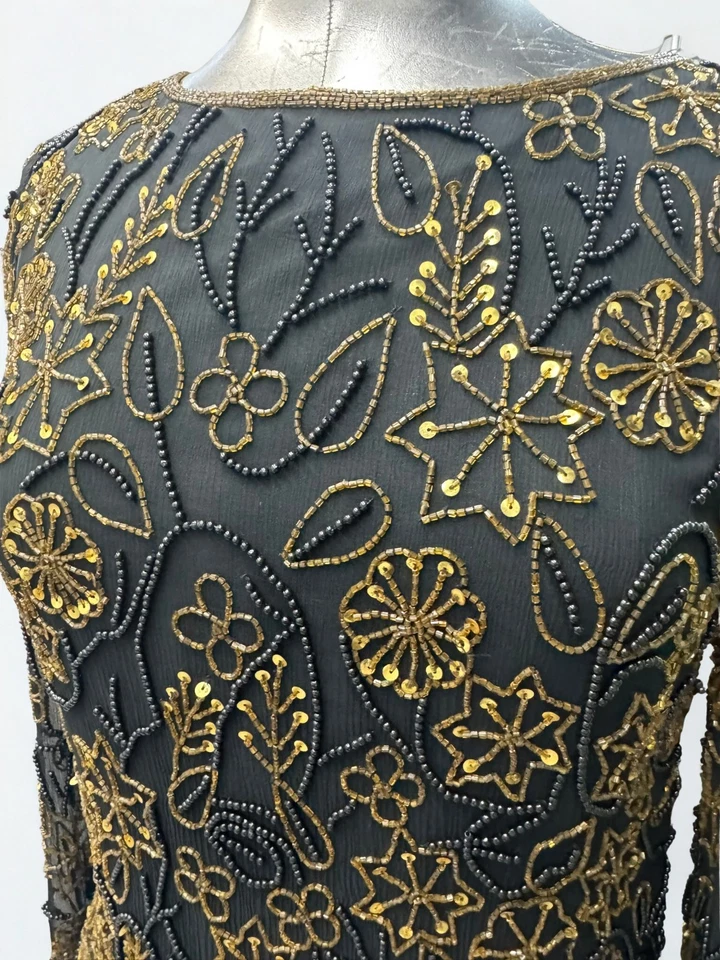 Hand Beaded Black Gold Silk Dress Vintage Papell Boutique Evening Formal - Image 2 of 4
