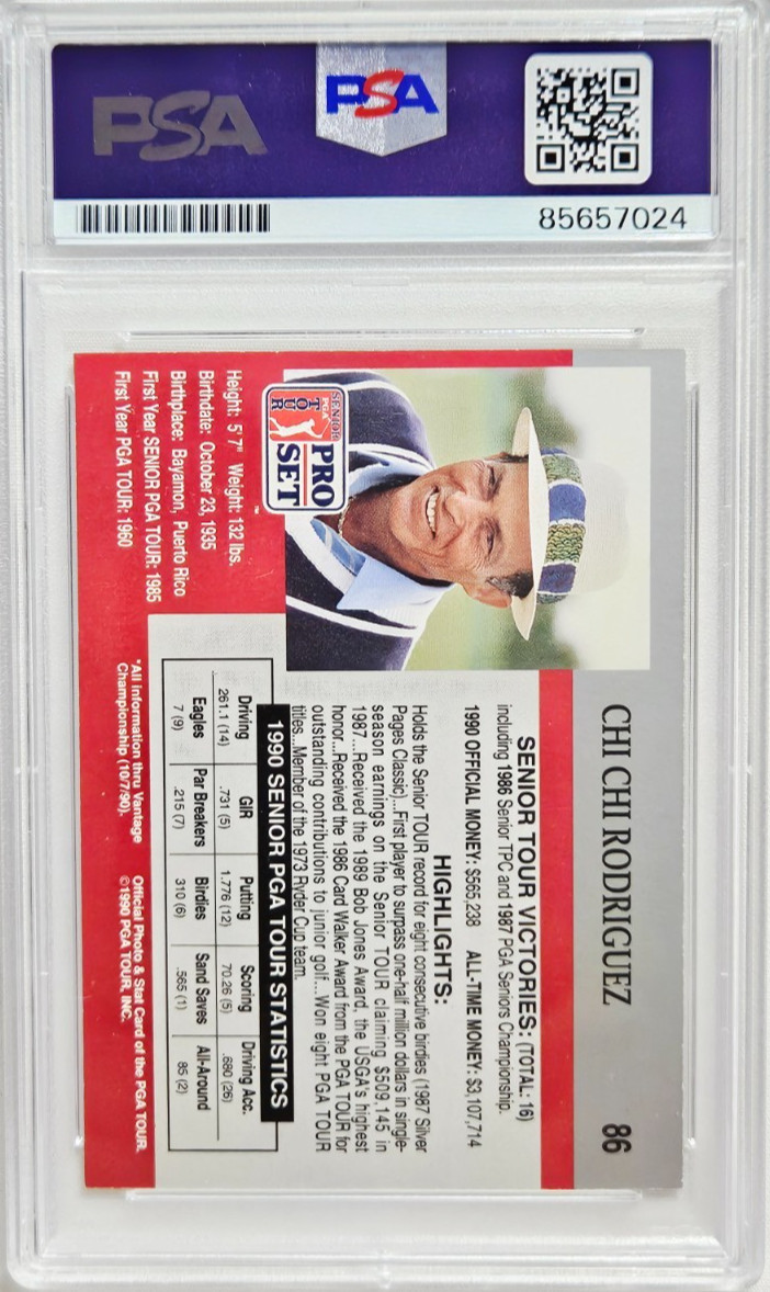 1990 Pro Set PGA #86 Chi Chi Rodriguez Signed Rookie Card Autograph RC Auto PSA view 2