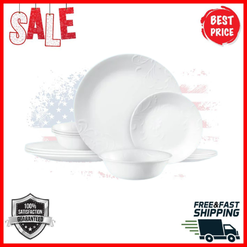 Corelle Madeline Embossed 12 Piece White Lunch Dinnerware Set, Vitrelle