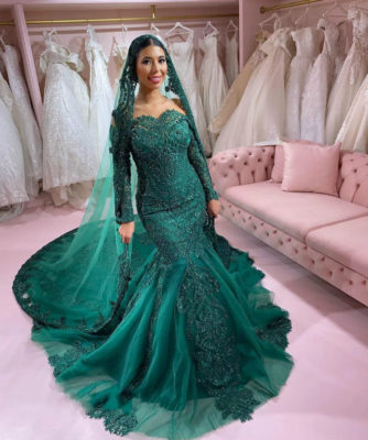 Hunter Green Mermaid Wedding Dresses Off Shoulder Long Sleeves Lace  Appliques | eBay
