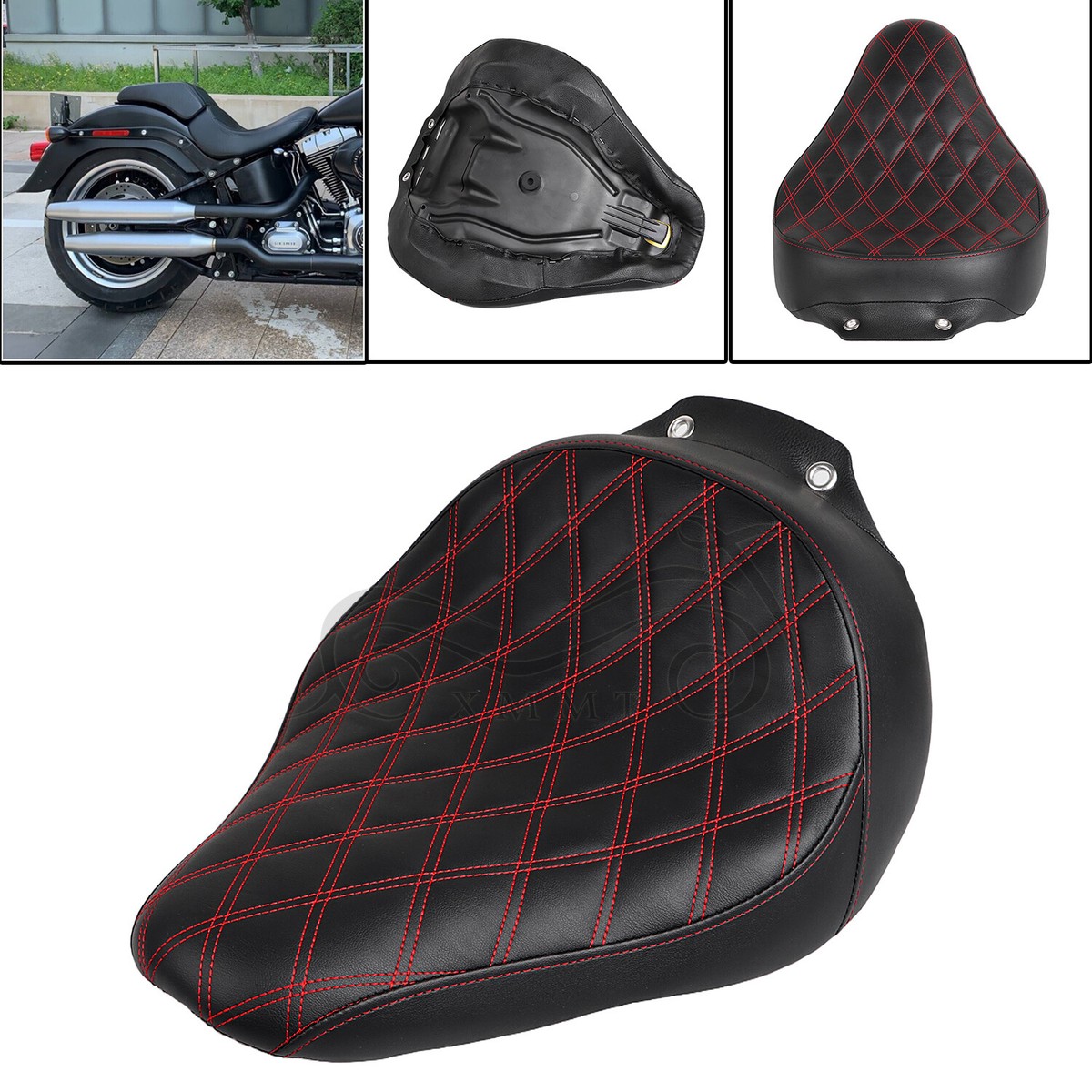Red Stitching Diamond Motorcycle Driver Solo Seat Fit For Harley