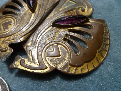 Vintage Art Deco Cat Face Amethyst Brass Belt Buckle - Picture 3 of 7