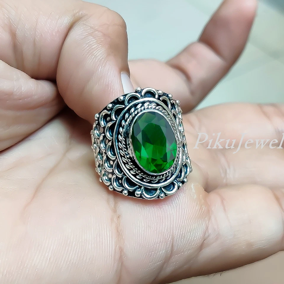 Chrome Diopside Oval Gemstone 925 Sterling Silver Handmade Ring Man's Jewelry - Image 3 of 4