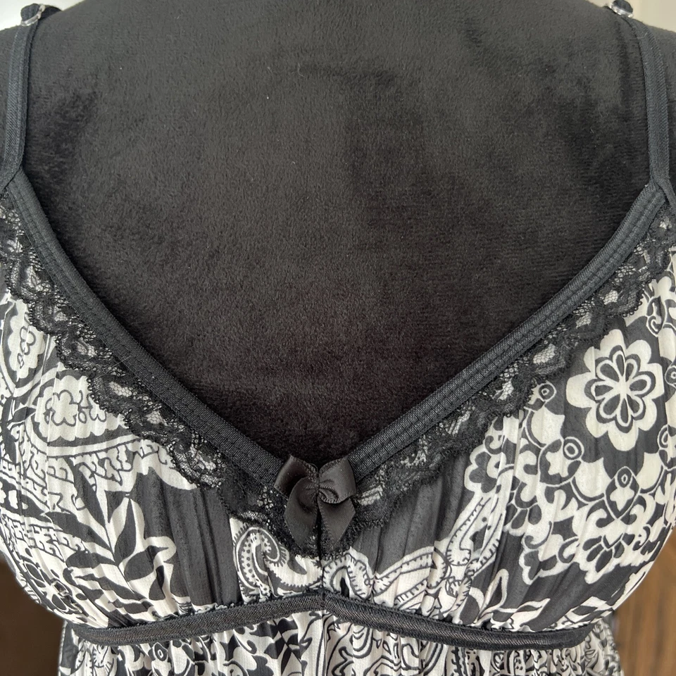 Apt 9 透明黑白佩斯利 Chemise S 码内衣礼服缩褶蝴蝶结蕾丝 — 第 4/4 张图片