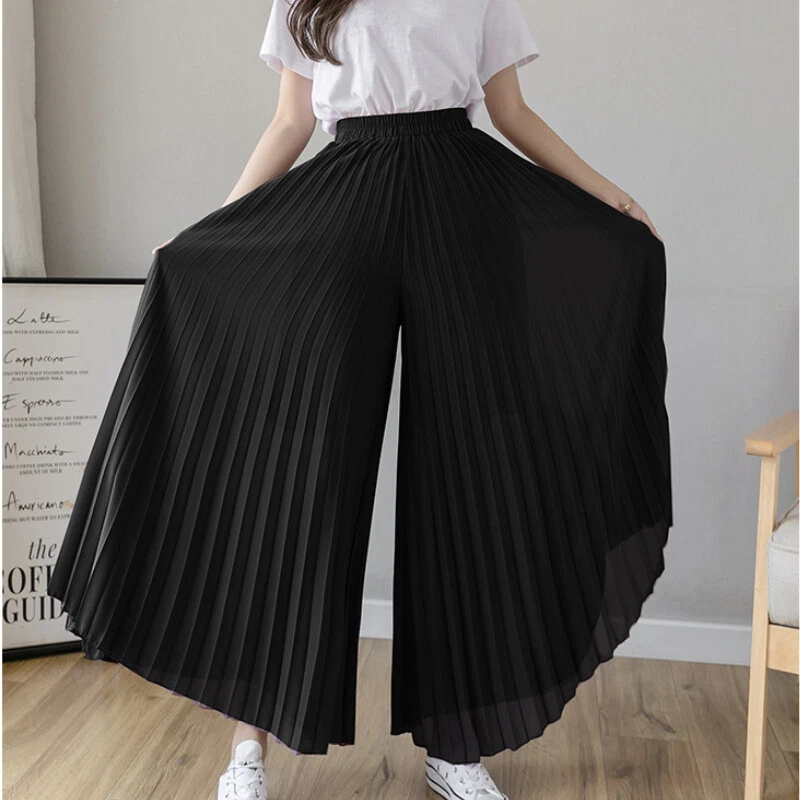 Summer Lady Chiffon Pleated Wide-Leg Trouser Skirt Pants OL Culottes Casual  Chic