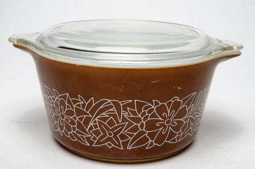 PYREX Woodland 473-B 1 Qt Casserole Baking Dish Brown w/ 470-C21 Lid VTG USA