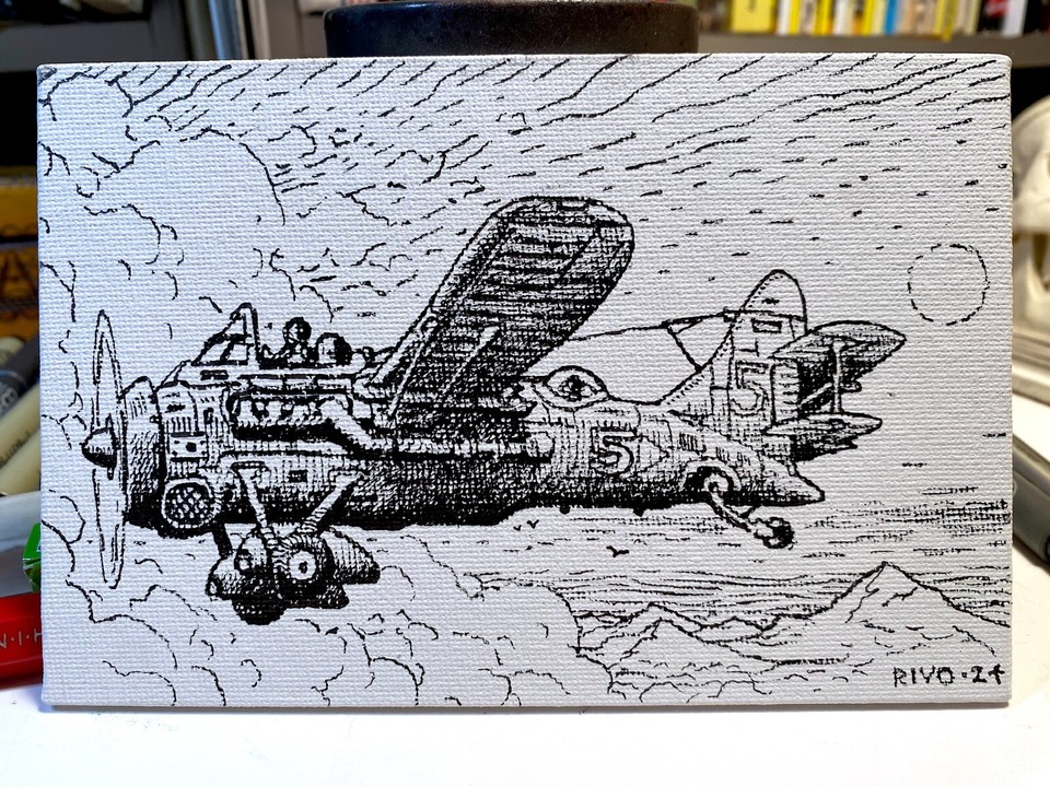  The Last Patrol —4 x 6  canvas card ORIGINAL line ink drawing by Paul Rivoche! Comic Art