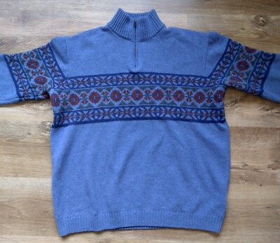 Woolovers Pure New Wool Nordic Fair Isle Knit Pullover Sweater 1/4