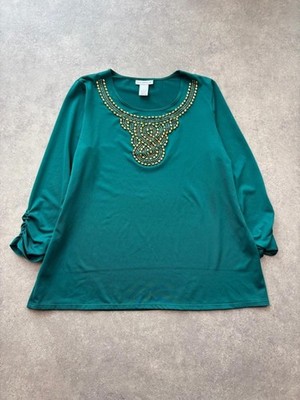 Susan Graver Damen Large Langarm Top grün verziert Smart Freizeit