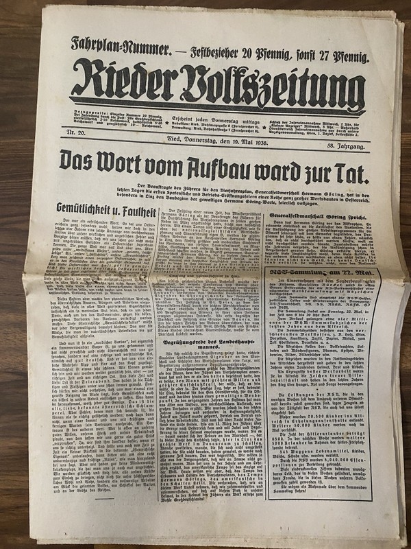 1938 Rieder Volkszeitung Newspaper – 14 Pages – Historical WWII Era Context