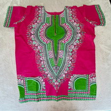 African Unisex Dashiki Shirt Magenta, Green Large Pockets 52" Chest Loose