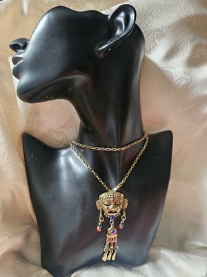 Lange Vintage Halskette P&M Paris Inspiration Azteken Maske Metall vergoldet...