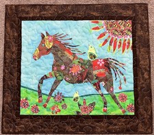Handmade Art Quilt/Wall Hanging Colorful Horse/Flowers 25" x 22"