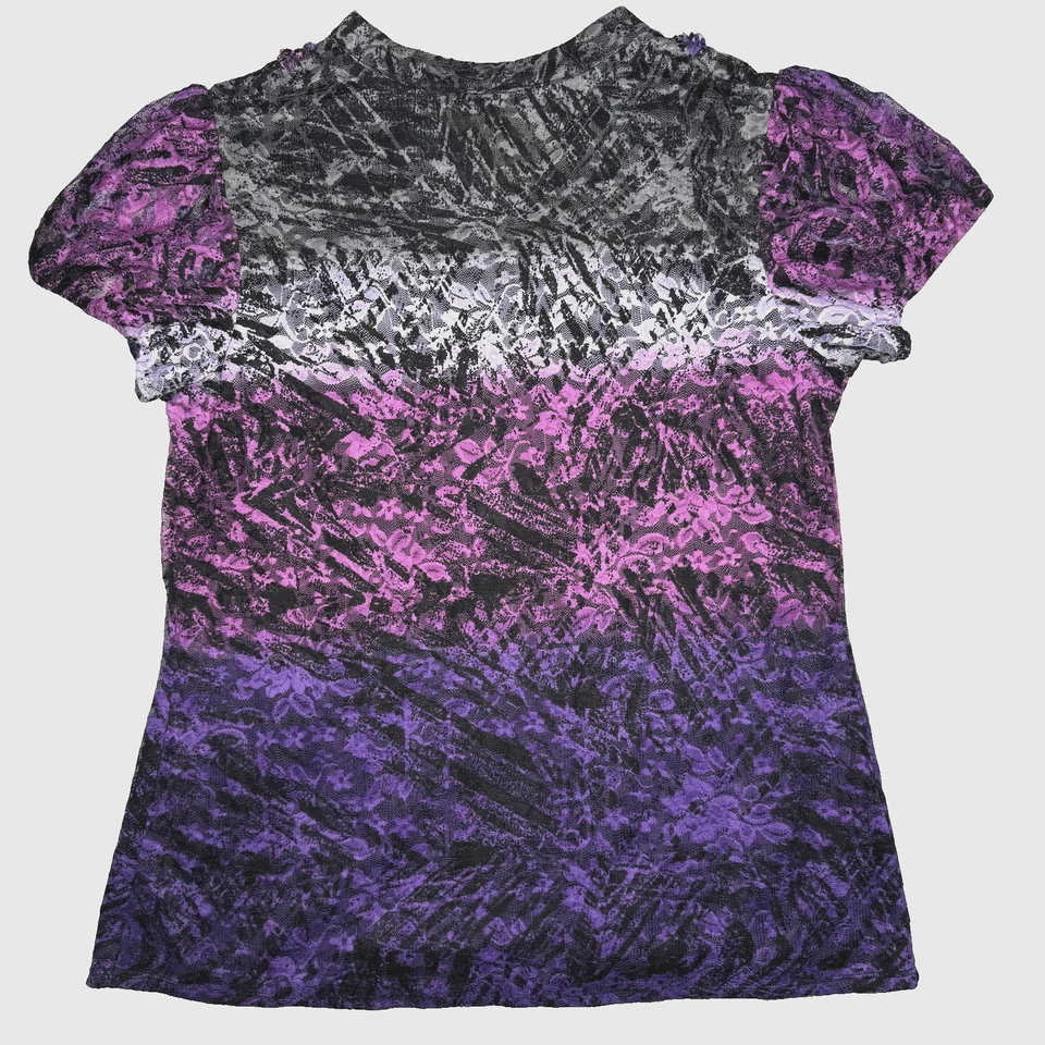 Camisa AB Studio Mujer XL Púrpura Negra Ombre Encaje Transparente Forrada Manga Corta Foto 2 de 4