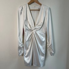 BHLDN Maya Twist Front Satin Mini Dress Long Sleeve Ivory White Small