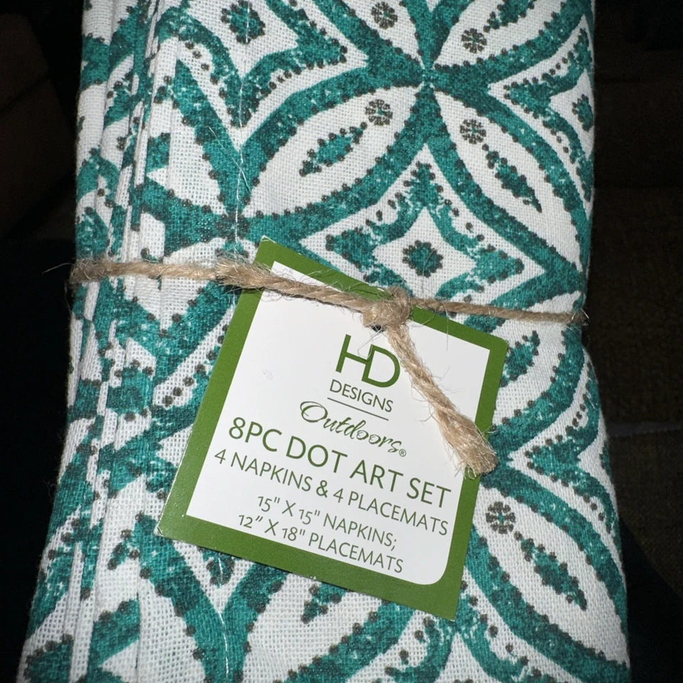 NUEVO Juego de 4 servilletas y manteles individuales 100 % algodón turquesa y blanco (8 piezas) Foto 2 de 4