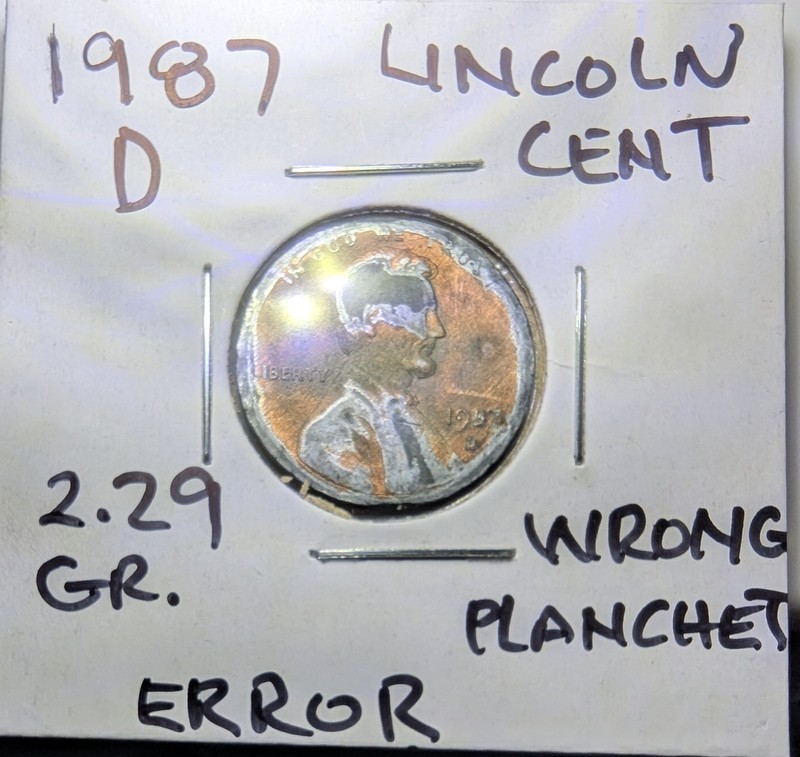 1987 D Lincoln Memorial Penny Wrong Planchet? Strike Through Grease? 2.29 grams