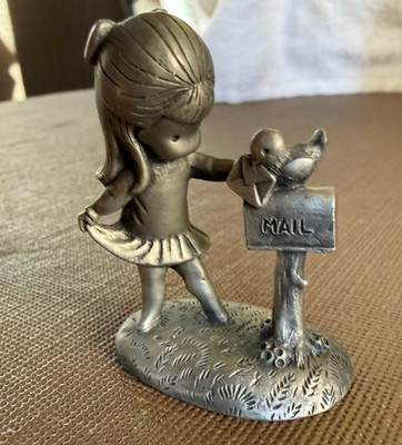 Vintage 1980 Halmark -Pewter Figurine-Happy Thoughts, Girl at Mailbox