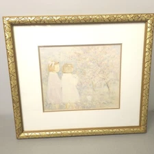 Vintage Hélène Léveillée Children in Garden Print Signed Framed Gold Floral Art