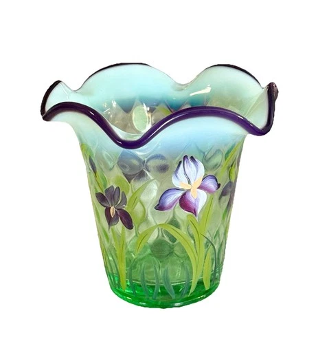 Fenton Glass - Designer Showcase Flip Vase - Green Opalescent Hand Painted Iris