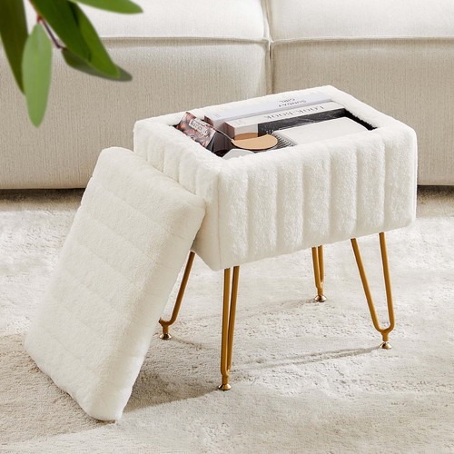 Vanity Stool Chair with Storage Space, With Anti-Slip Feet, Faux Fur Seat - Picture 5 of 5