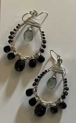 Dropped Hooped Earrings Wrapped w/ Black Spinel  & Aquamarine Gemstone
