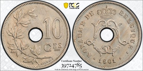 1901 Belgium 10 Centimes PCGS MS65 Key Date Coin Léopold II Gold Shield Secure - 第 1/15 張圖片